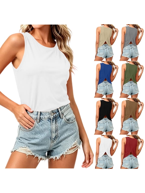 Women's Summer Tank Tops Trendy Split Back Basic Shirt Casual Sleeveless Tanks Going Out Top Solid Color Crewneck Tee Shirts Fashion Clothing