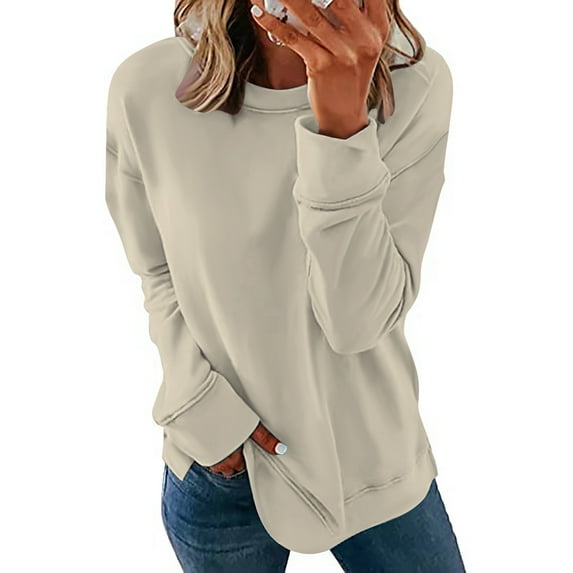 Aboser Women's Sweatshirts No Hood Long Sleeve Tops Casual Solid Color Crewneck Shirts Side Split Fashion Loose Fit Lightweight Pullover