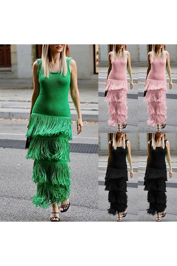 Women's Tassel Knitted Dresses Bodycon Sleeveless Maxi Dress Elegant Fringe Flapper Dresses Stretch Scoop Neck Party Sundress