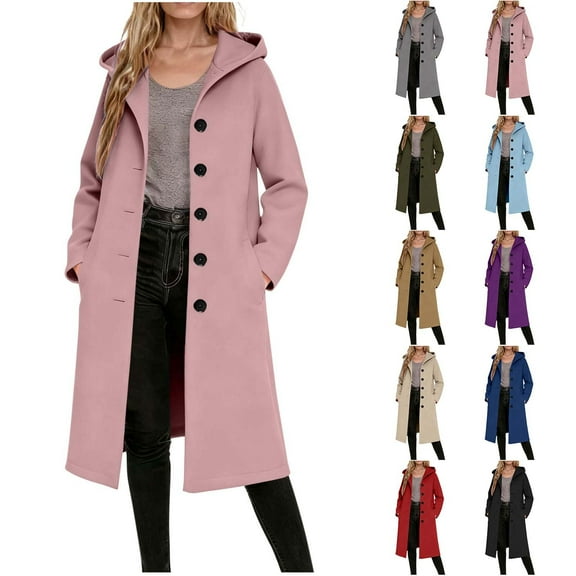 Aboser Women's Treach Coats Trendy Single Breasted Long Peacoats Dressy Button Down Jackets with Hood Woolen Blend Long Sleeve Coats Outerwear with Pockets
