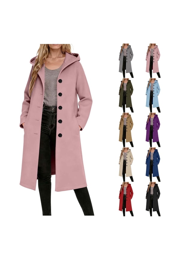 Women's Treach Coats Trendy Single Breasted Long Peacoats Dressy Button Down Jackets with Hood Woolen Blend Long Sleeve Coats Outerwear with Pockets