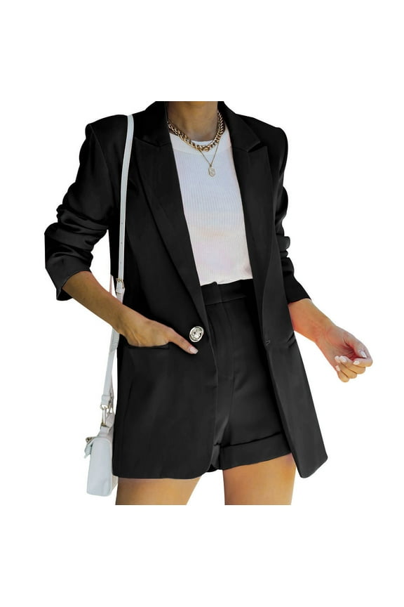 Women's Two Piece Outfits Business Causal Blazer Jacket and Roll Up Shorts Suit Sets Solid Color Work Office Blazers Shorts Set with Pockets