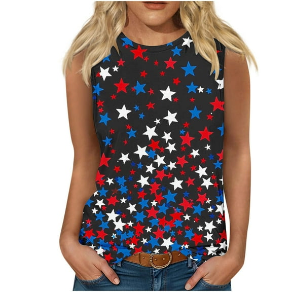 Aboser Women's USA Stars Crop Tank Tops Cute American Flag Graphic Tees Plus Size Sleeveless Tank Top for Teen Girls Casual Summer Patriotic Tee Shirt High Neck Vacation Shirts