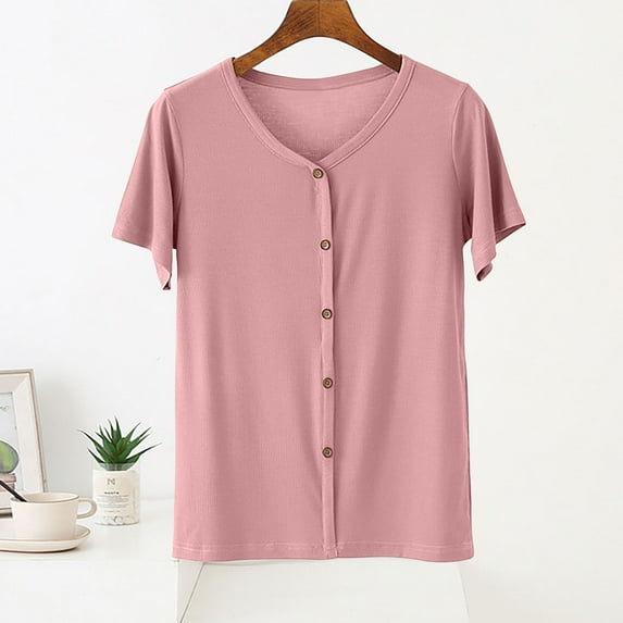 Aboser Women's Ultra Soft T-Shirt Casual Button Down Basic Tees Cozy Modal T Shirts Short Sleeve Summer Tops Solid Color Lounge Shirt Loose Fits V Neck Tshirts