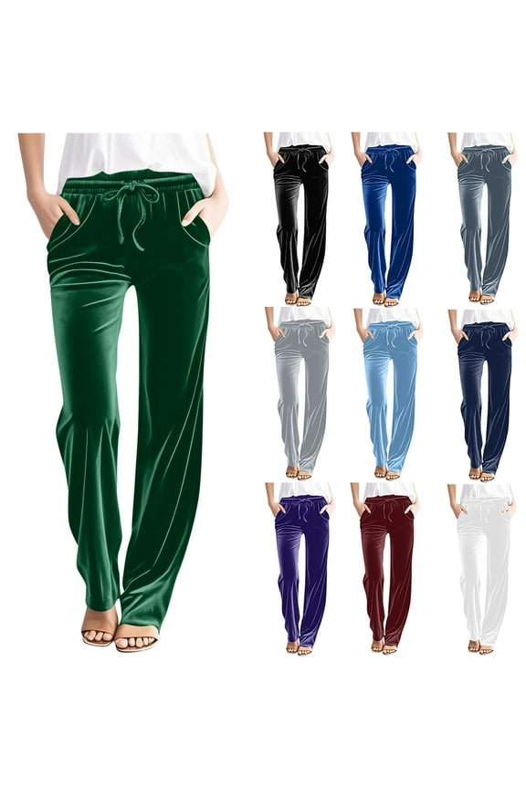 Women's Velour Velvet Lounge Pants with Pockets Soft Drawstring Elastic Waisted Pants Loose Straight Leg Trousers Casual Long Pants Dark Gray L