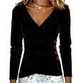 thumbnail image 1 of Aboser Women's Velvet Tops Slim Fit Ruched Shirts Retro V Neck Pullover Top Solid Color Long Sleeve Blouse Comfy Side Button Decor Shirt Blouses, 1 of 3