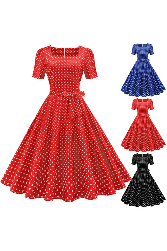 Women's Vintage Polka Dot 1950s Dresses Retro Rockabilly Prom Dress 50's 60's A-Line Cocktail Party Swing Dress Elegant Square Neck Short Sleeve Midi Dresses