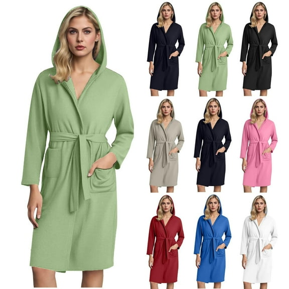 Aboser Women's Waffle Knit Hooded Robes with Pockets Cozy Long Sleeve Belted Sleepwear Casual Knee Length Bathrobes Solid Color Towel Robe Blue XXL