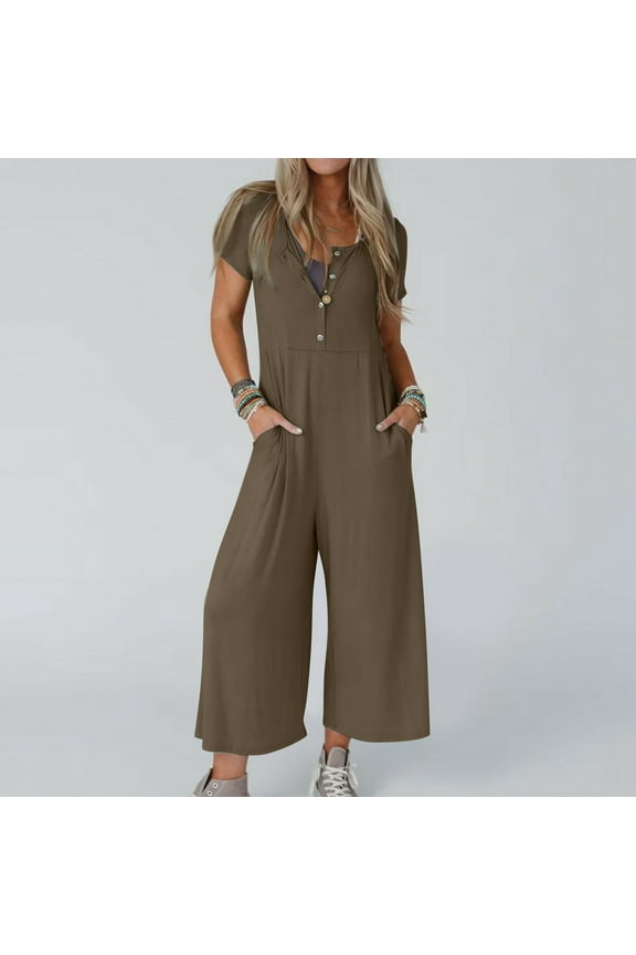 Women's Wide Leg Overalls Casual Capri Jumpsuit with Pockets Loose Short Sleeve Rompers Comfy Button Down Jumpsuits