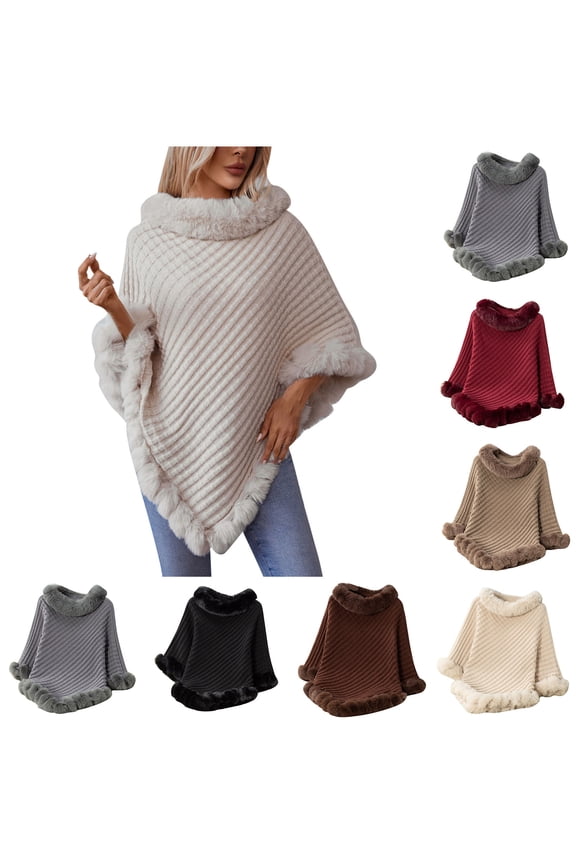 Women's Winter Furry Trim Shawl Wrap Cozy Warm Irregular Hem Poncho Sweaters Loose Fit Cable Knit Pullover Scarfs Soft Turtleneck Shawls Black Free Size