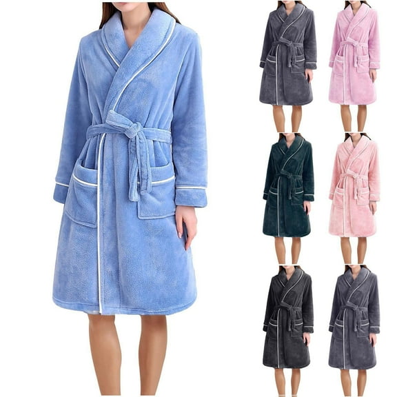 Aboser Women's Winter Robes with Shawl Collar Warm Fuzzy Flannel Towel Robe Thick Long Sleeve Bathrobes Comfy Soft Knee Length Sleepwear with Blet Gray M