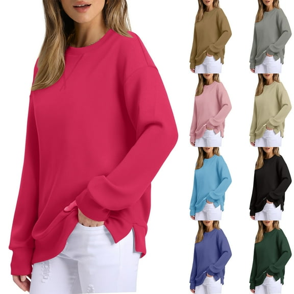 Aboser Women's Workout Sweatshirts Trendy Crew Neck Shirts Casual Side Slit Sweatshirt Comfy Long Sleeve Pullover Cute Tops Loose Fits Plain Shirt Blouse