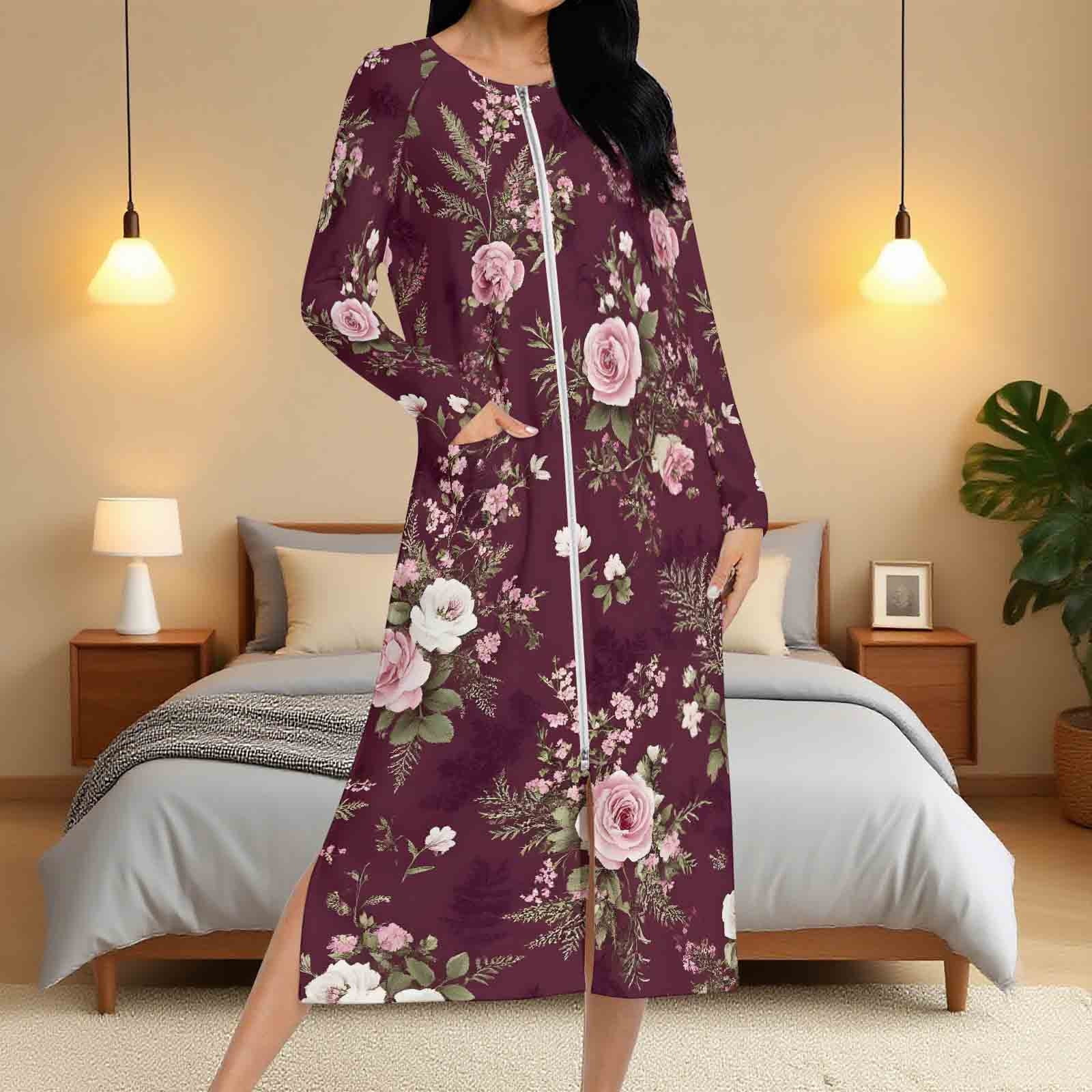 Zipper Front Robe Aboser Women's Zip Front Robe Retro Floral Print Bathrobe Full Length ...