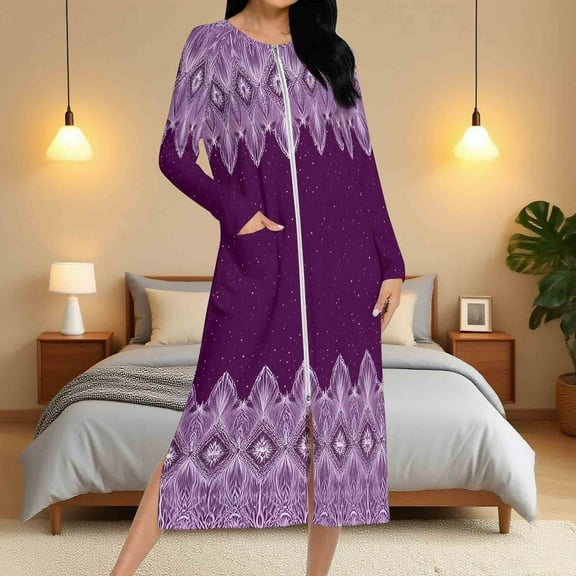 Aboser Women's Zip Up Robes with Pockets Retro Tribal Ethnic Style Nightgown Comfy Long Sleeve Bathrobe Lightweight Full Length Long Pajama Dress