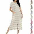 thumbnail image 1 of Aboser Women's Zipper Up Robes Short Sleeve Long Bathrobe Comfy Striped Print Loungewear Casual Loose Fit Nightgowns Soft Crew Neck House Coat with Pockets, 1 of 8