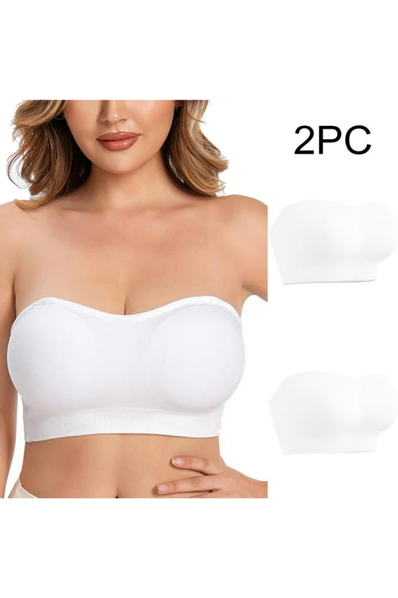 Womens 2 Pcs Strapless Bra with Clear Back Invisible Strap Bandeau Bras Push Up Padded Backless Bralettes Stretchy Non-Slip Silicone Bras