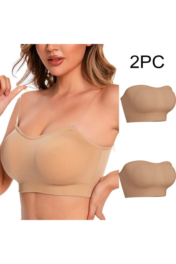 Womens 2 Pcs Strapless Bra with Clear Back Invisible Strap Bandeau Bras Push Up Padded Backless Bralettes Stretchy Non-Slip Silicone Bras
