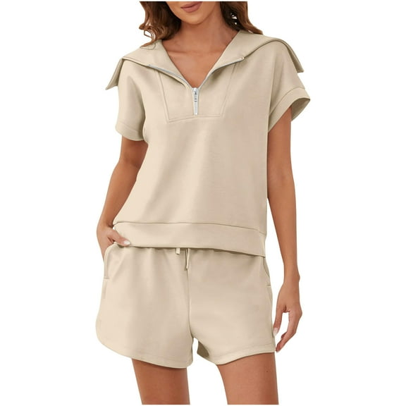 Aboser Womens 2 Piece Outfits Solid Color Sweatsuits Sets Lapel Short Sleeve Half Zip Oversized Sweatshirt & Lounge Shorts Tracksuit