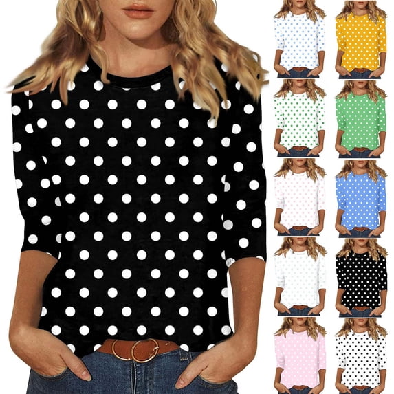 Aboser Womens 3/4 Length Sleeve Tops Trendy Polka Dot Graphic Shirts Plus Size Casual Holiday Top Lightweight Round Neck T Shirt Three Quarter Sleeved Blouses