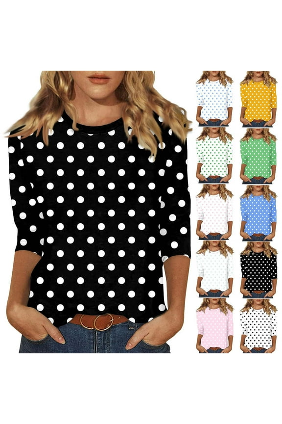 Womens 3/4 Length Sleeve Tops Trendy Polka Dot Graphic Shirts Plus Size Casual Holiday Top Lightweight Round Neck T Shirt Three Quarter Sleeved Blouses