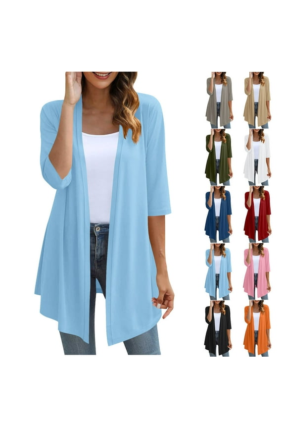 Womens 3/4 Sleeve Cardigans Lightweight Casual Open Front Cardigan Loose Fit Long Blouses Solid Color Cozy Dusters Fall Clothes
