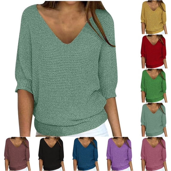 Aboser Womens 3/4 Sleeve Knit Sweaters Plus Size V Neck Blouson Tops Comfy Soft Knitwear Loose Fit Casual Pullover Shirts Solid Color Blouses