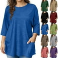 thumbnail image 1 of Aboser Womens 3/4 Sleeve Shirts with Pockets Plus Size Tops Loose Fit Casual Basic Shirt Solid Color Round Neck Blouses Lightweight Soft Plain Tshirts, 1 of 8