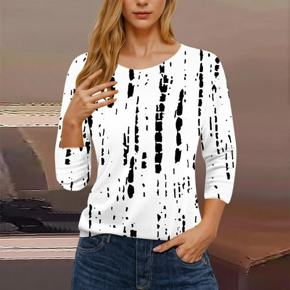 Aboser Womens 3/4 Sleeve Tops and Blouses Dressy Casual Crewneck Tunic Top Loose Fitted Fall Shirts Trendy Tie Dyed Printing Tops Plus Size Three Quarter Length Sleeve Blouse