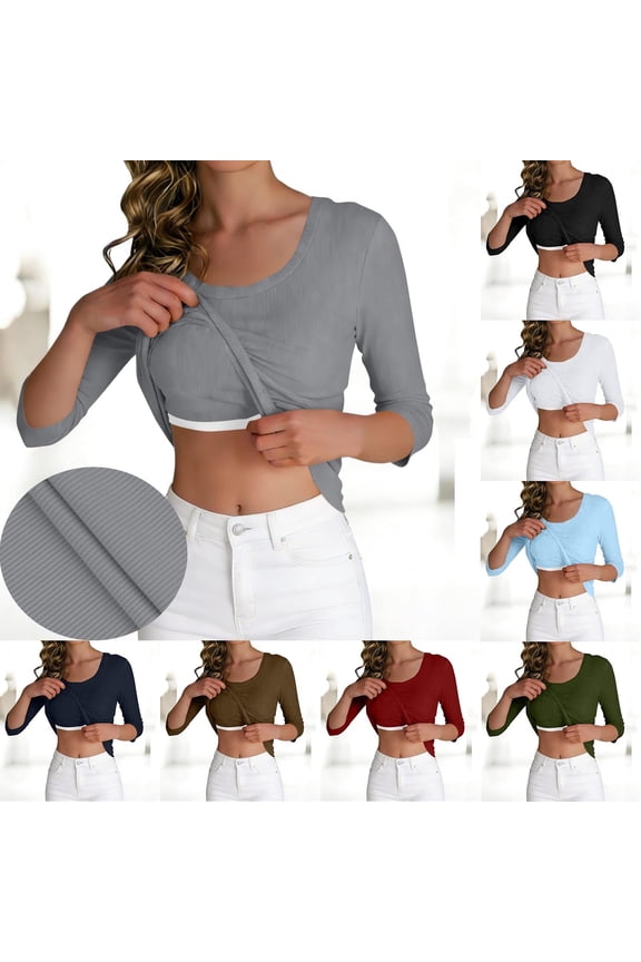 Womens 3/4 Sleeve Tops with Built in Bras Cozy Soft Scoop Neck Layering Shirts Casual Padded Undershirt Solid Color Ribbed T Shirt Three Quarter Sleeved Basic Tees