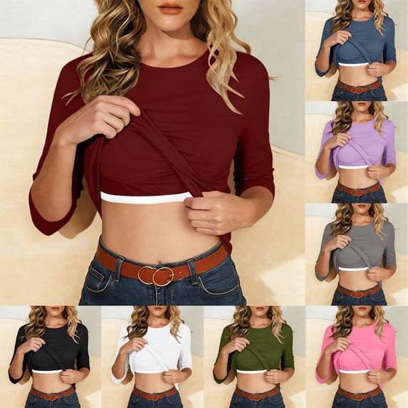 Aboser Womens 3/4 Sleeve Tops with Built in Bras Cozy Soft Scoop Neck Layering Shirts Casual Padded Undershirt Solid Color Ribbed T Shirt Three Quarter Sleeved Basic Tees