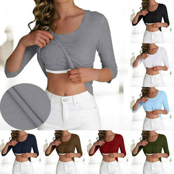 Aboser Womens 3/4 Sleeve Tops with Built in Bras Cozy Soft Scoop Neck Layering Shirts Casual Padded Undershirt Solid Color Ribbed T Shirt Three Quarter Sleeved Basic Tees