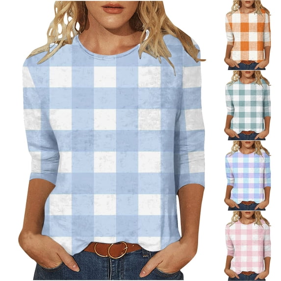 Aboser Womens 3/4 Sleeve Tops Cute Stripes Plaid Graphic Shirts Lightweight Soft Round Neck T Shirt Three Quarter Length Sleeve Tshirts Daily Wear