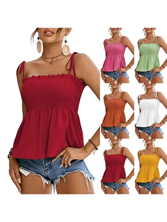 Womens Babydoll Camisoles Cute Lace Up Cami Tops Trendy Square Neck Peplum Shirts Summer Ruffles Hem Tank Top Going Out Tops