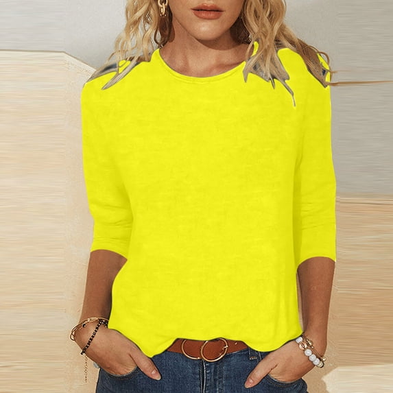 Aboser Womens Basic Tops Dressy Casual Solid Color Shirts 3/4 Sleeve Work Blouses Loose Fit Pullover Crewneck Comfy Lightweight Tunic