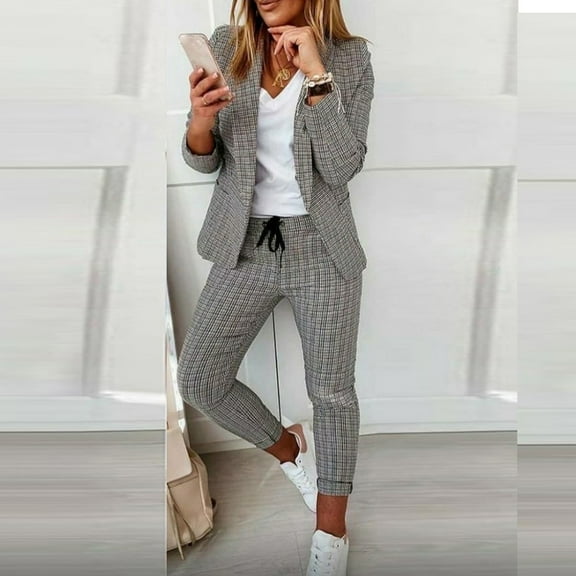 Aboser Womens Blazer Suit Sets 2 Piece Outfits Formal Plaid Print Open Front Jacket and Pants Set Slim Fit Work Office Outfit