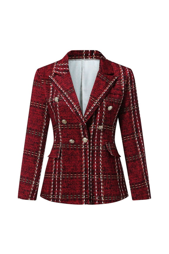 Womens Blazers for Work Casual Lapel Double Breasted Formal Blazer Plaid Print Long Sleeve Cardigan Work Office Slim Jacket