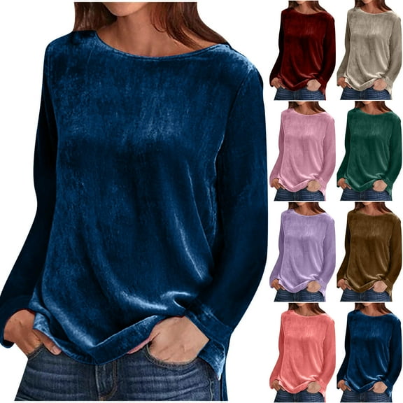 Aboser Womens Boat Neck Velvet Tops Dressy Casual Long Sleeve Shirts Solid Color Basic Tees Loose Fit Velour Pullover Shirt Cozy Soft Spring Blouses