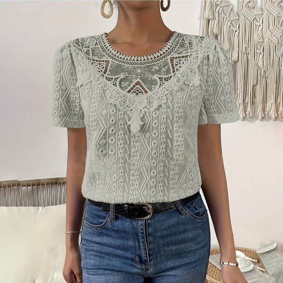 Aboser Womens Bohemian Spring T-Shirt Cute Lace Tunic Tops Soft Short Sleeve Tshirts Casual Round Neck Blouses Comfy Slim Fit Tees Shirts Mint Green M