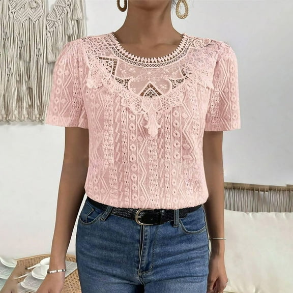 Aboser Womens Bohemian Spring T-Shirt Cute Lace Tunic Tops Soft Short Sleeve Tshirts Casual Round Neck Blouses Comfy Slim Fit Tees Shirts Pink L