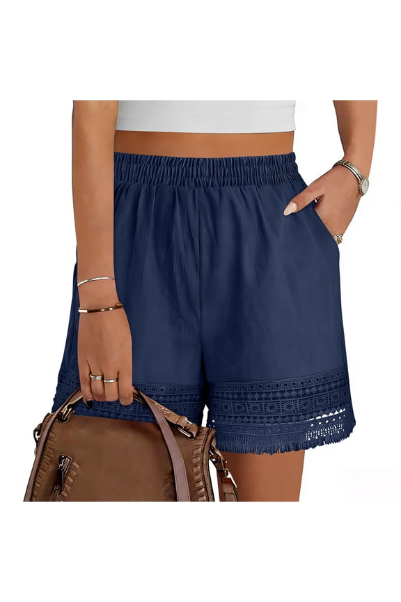 Womens Boho Lace Shorts Summer Beach Vacation Shorts 2026 Trendy Crochet Hollow Out Shorts Casual Wide Leg Lounge Shorts with Pockets