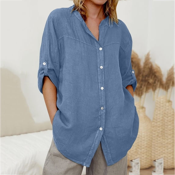 Aboser Womens Boyfriend Denim Shirts Button Down Western Shirt Casual Long Sleeve Jean Shirts 3/4 Sleeve Chambray Blouses Baggy Lapel Collar Work Jacket