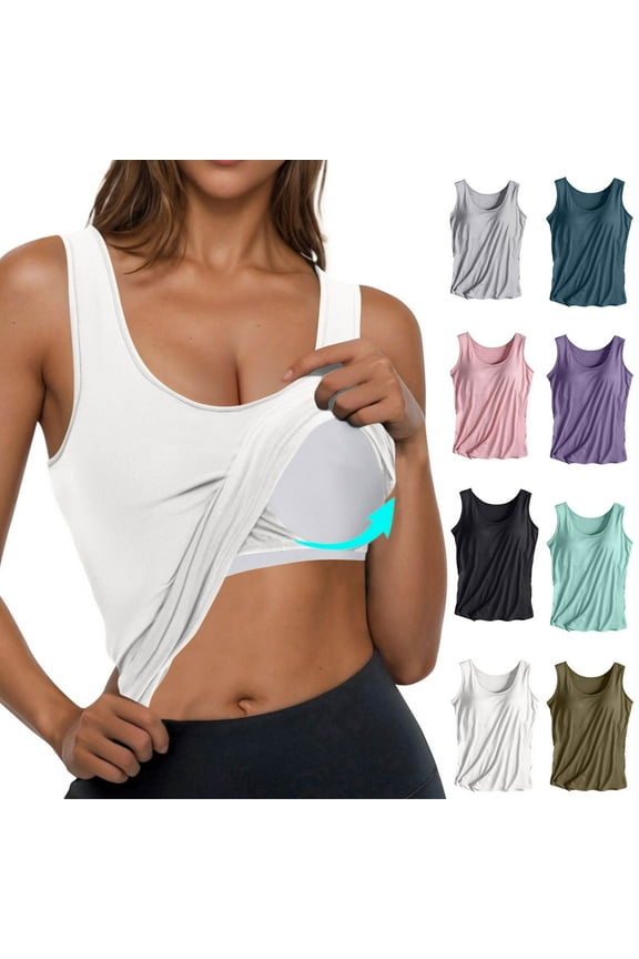 Womens Built in Padded Tank Tops Comfy Soft Sleeveless Undershirts Gym Yoga Workout Top Casual Scoop Neck Layering Shirts Solid Color Basic Camisoles