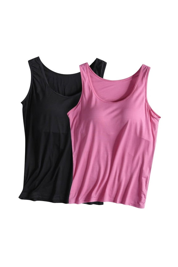 Womens Built in Bra Tank Tops 2 Pack Racerback Yoga Workout Camis Ultra Soft Modal Basic Shirts Stretchy Padded Layering Tops
