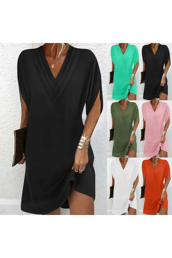 Womens Business Casual Dresses Elegant Batwing Short Sleeve Dress Pleated V Neck Tunic Dresses Solid Color Work Office Dress
