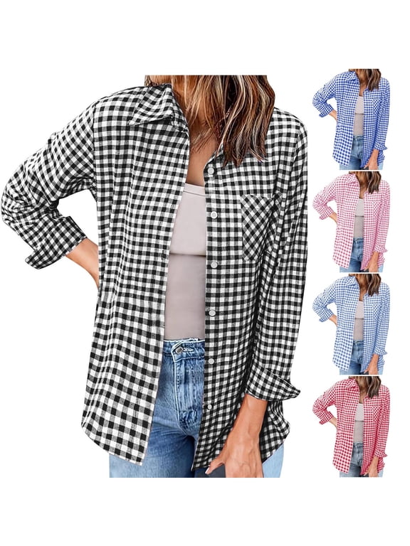 Womens Button Down Gingham Shirts Dressy Casual Work Blouses Lightweight Long Sleeve Collared Shirt Trendy Stripes Plaid Blouse Tops