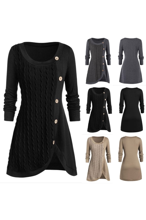 Womens Cable Knit Sweater Dress Plus Size Long Dresses Fashion Button Decor Sweaters Cozy Long Sleeve Midi Dress Warm Scoop Neck Tunic Sweater Black XL