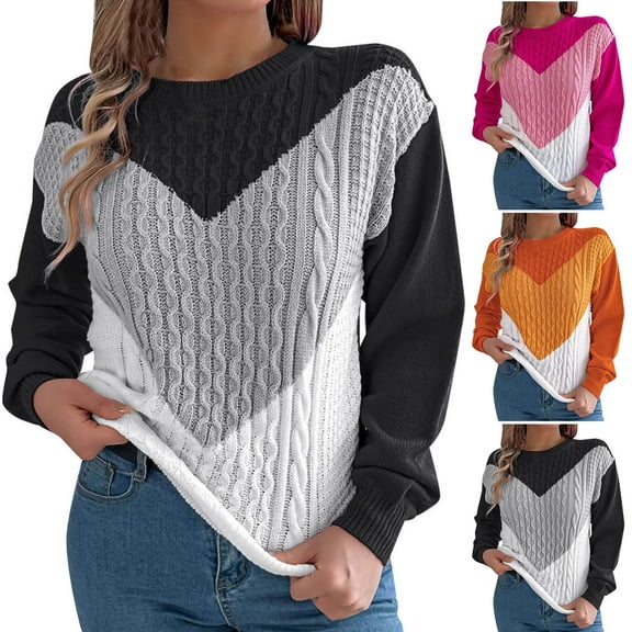 Aboser Womens Cable Knit Sweaters Trendy Contrast Color Pullover Sweater Comfy Soft Fisherman Knitwear Casual Round Neck Jumper Tops Warm Long Sleeve Blouses Pink M