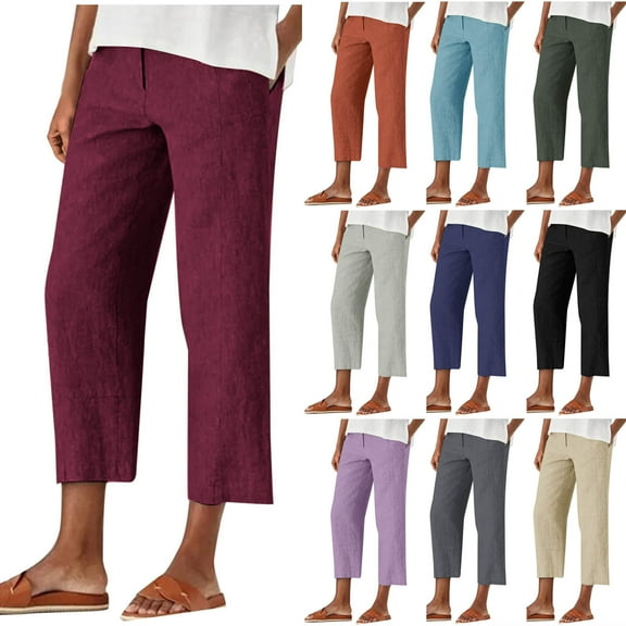 Aboser Womens Capri Pants Wide Leg Cotton Linen Capris Loose Zipper Closure Cropped Pants Dressy Casual High Waisted Trousers with Pockets