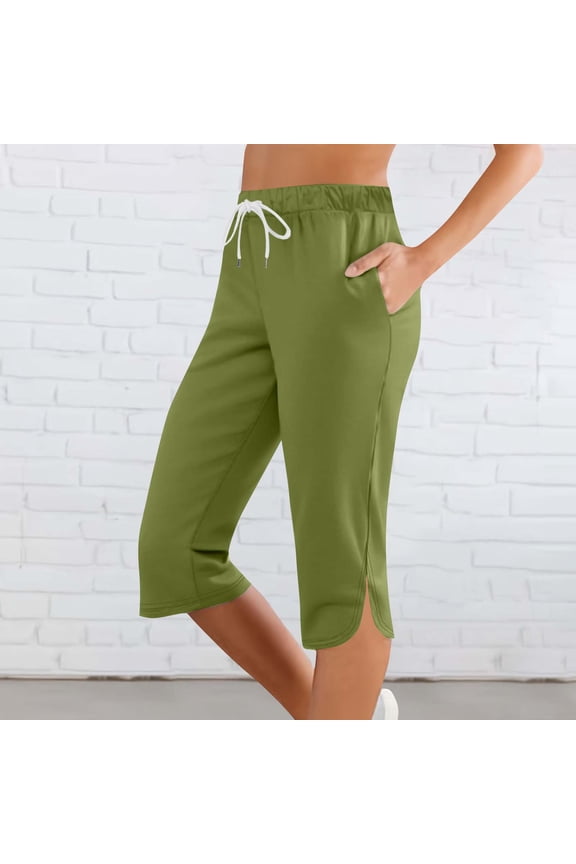 Womens Capri Pants with Pockets Petite Straight Leg Beach Pants Casual Elastic Waisted Cropped Trousers Loose Fit Knee Length Capris