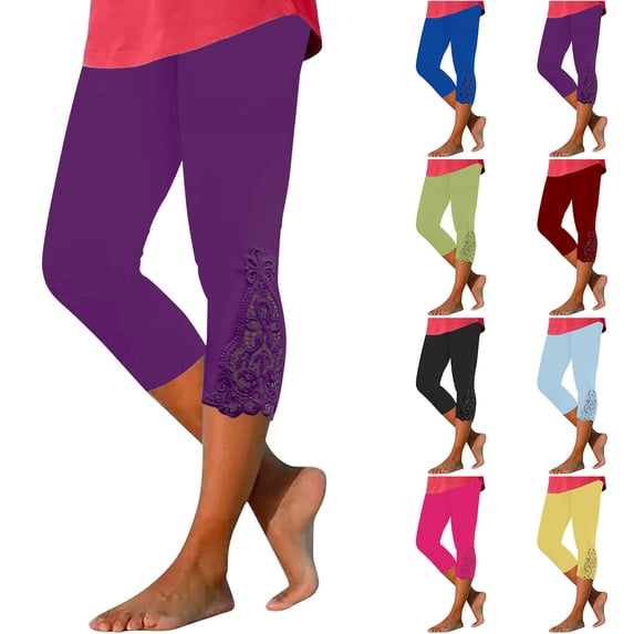 Aboser Womens Capris for Seniors Summer Capri Leggings Trendy Lace Patchwork Pants Stretchy Elastic High Waisted Lounge Tights Slim Fit Knee Length Yoga Pants